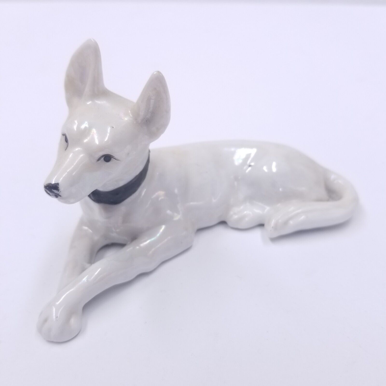 Vintage White Luster Iridescent Dog German Shepard Figurines Japan
