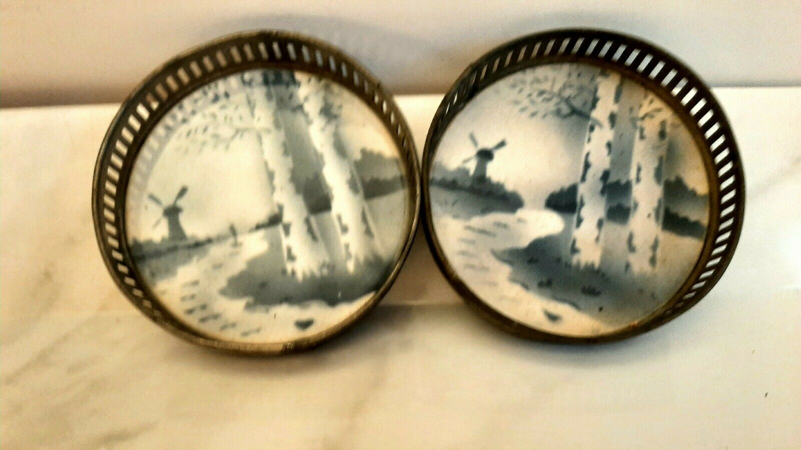 Set Of Two Vintage Metal Rimmed Porcelain Coasters Preowned