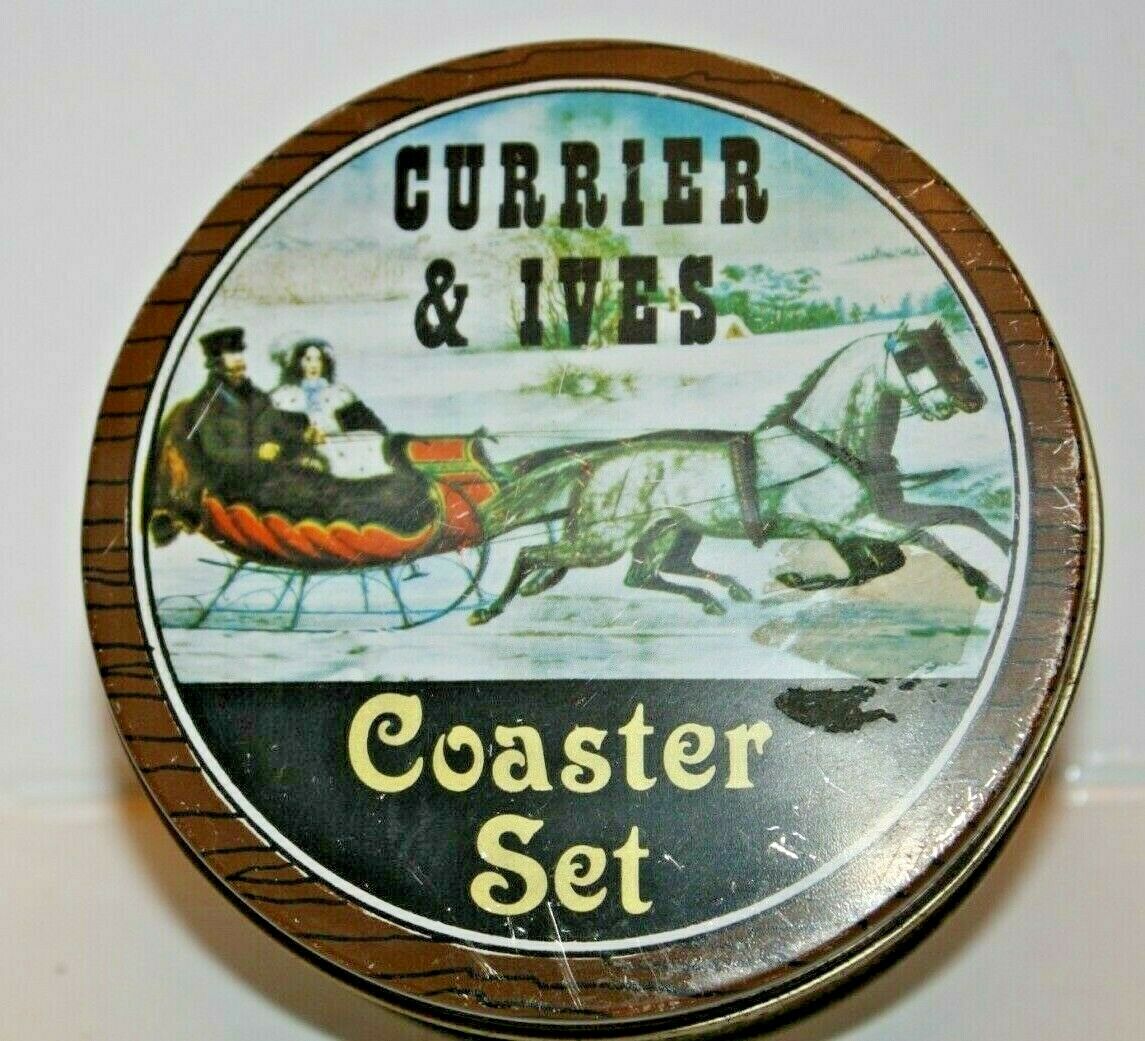 Set 6~ Currier & Ives "the Road--winter" Coasters In Matching Metal Storage Tin