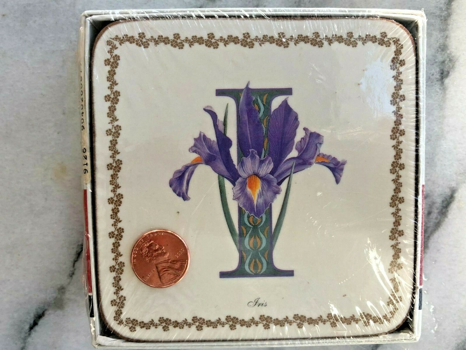 Pimpernell Coaster Set Nib Purple Iris Flower Monogram Letter I Josette Gourley