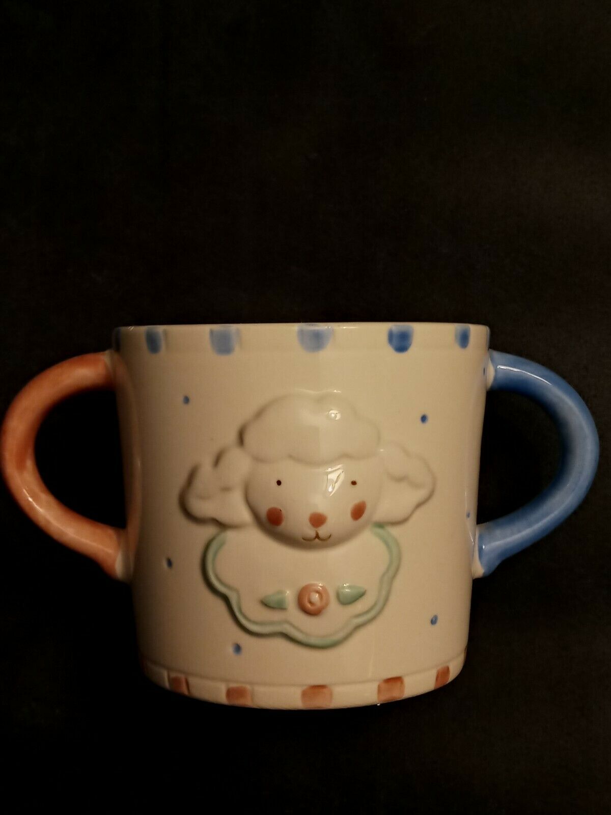Vintage Charpente By Kathy Orr Baby Cup 2 Handled Porcelain Lamb Flowers 1987