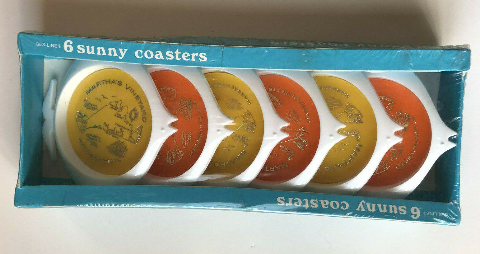 Vintage 1969 Nos Martha's Vinyard Sun Fish Plastic Coasters Made In Usa Set Of 6