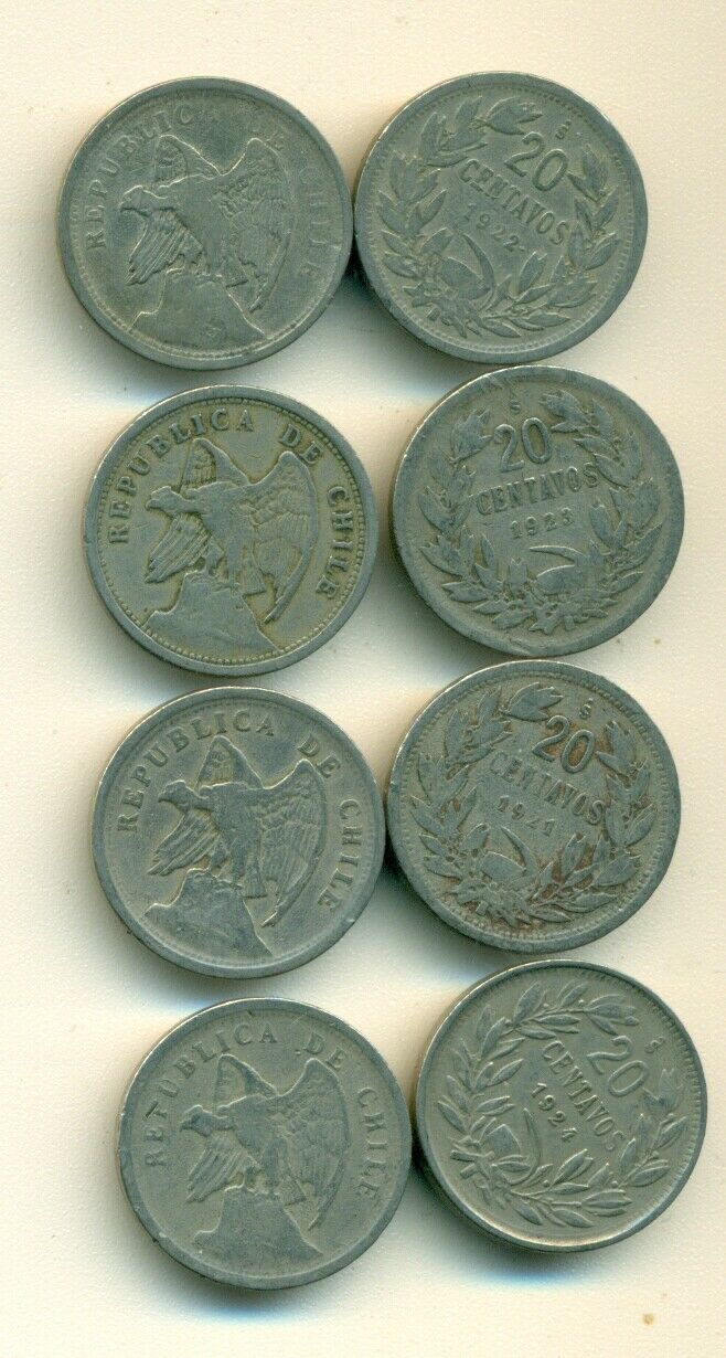 4 Older 20 Centavo Coins From Chile W/ Consecutive Dates Of 1921/1922/1923/1924