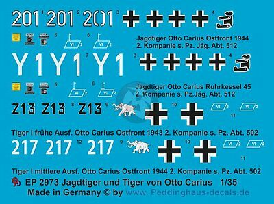 Peddinghaus 1/35 Otto Carius Tiger I And Jagdtiger Markings Wwii (4 Tanks) 2973