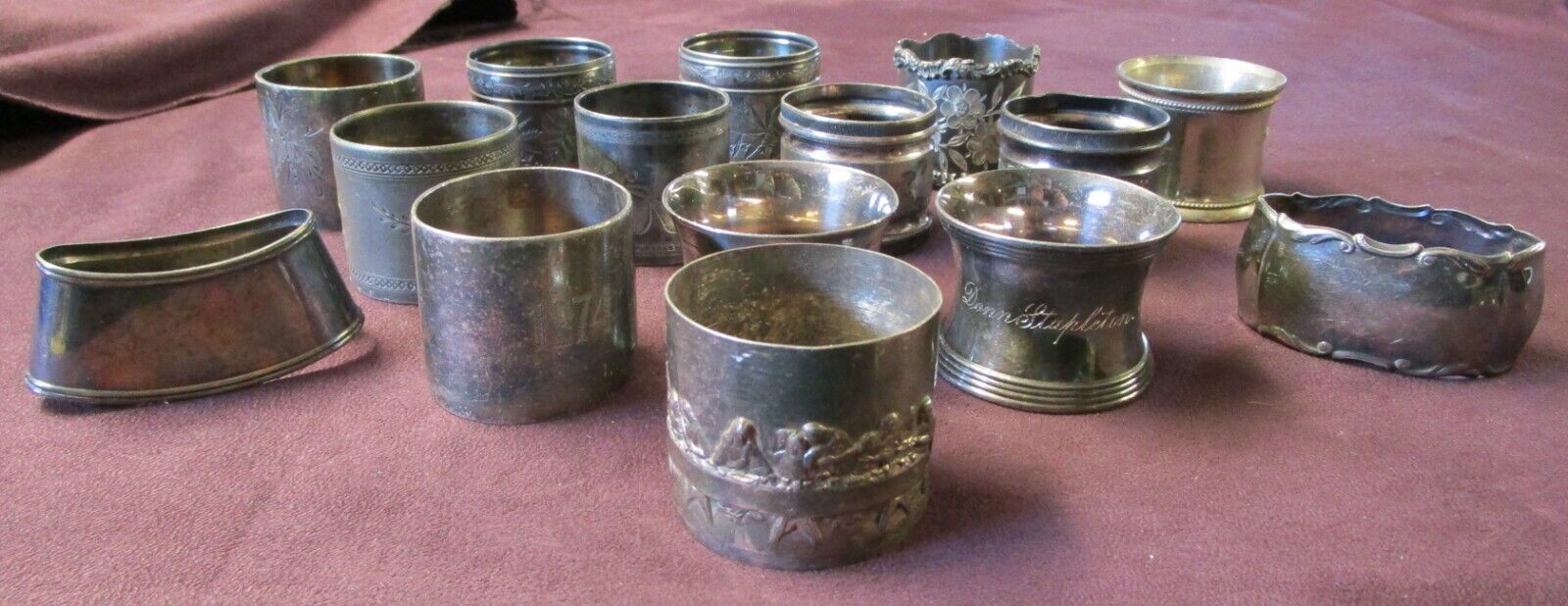 Antique Lot 15 Silverplate Victorian Napkin Rings Brite Cut Embossed Unpolished