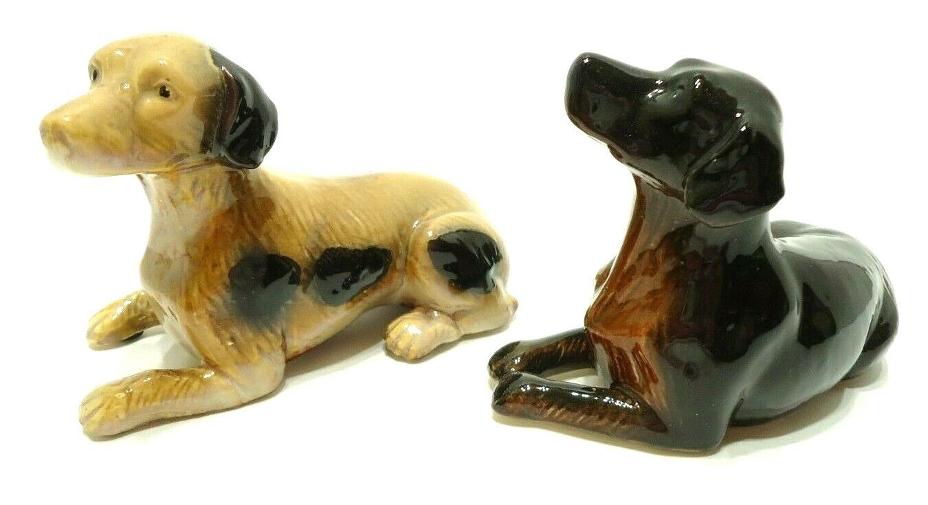 Vintage 1960s 2 Figurines Hunting Dog Tan Brown Drip Glaze Ceramic Hand Crafted