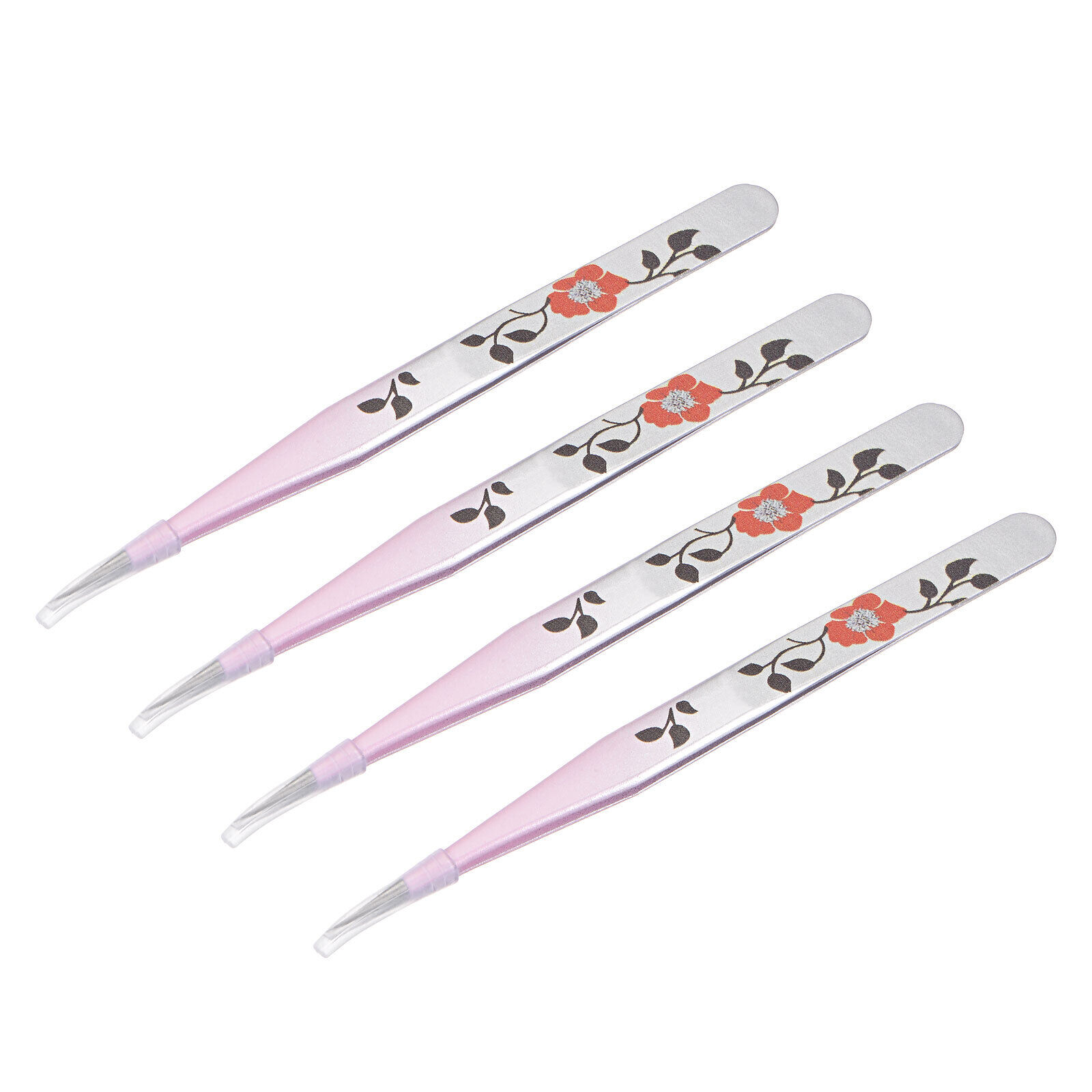 Precision Straight Tip Tweezer Pink Silver Tone with Flower Print 4Pcs