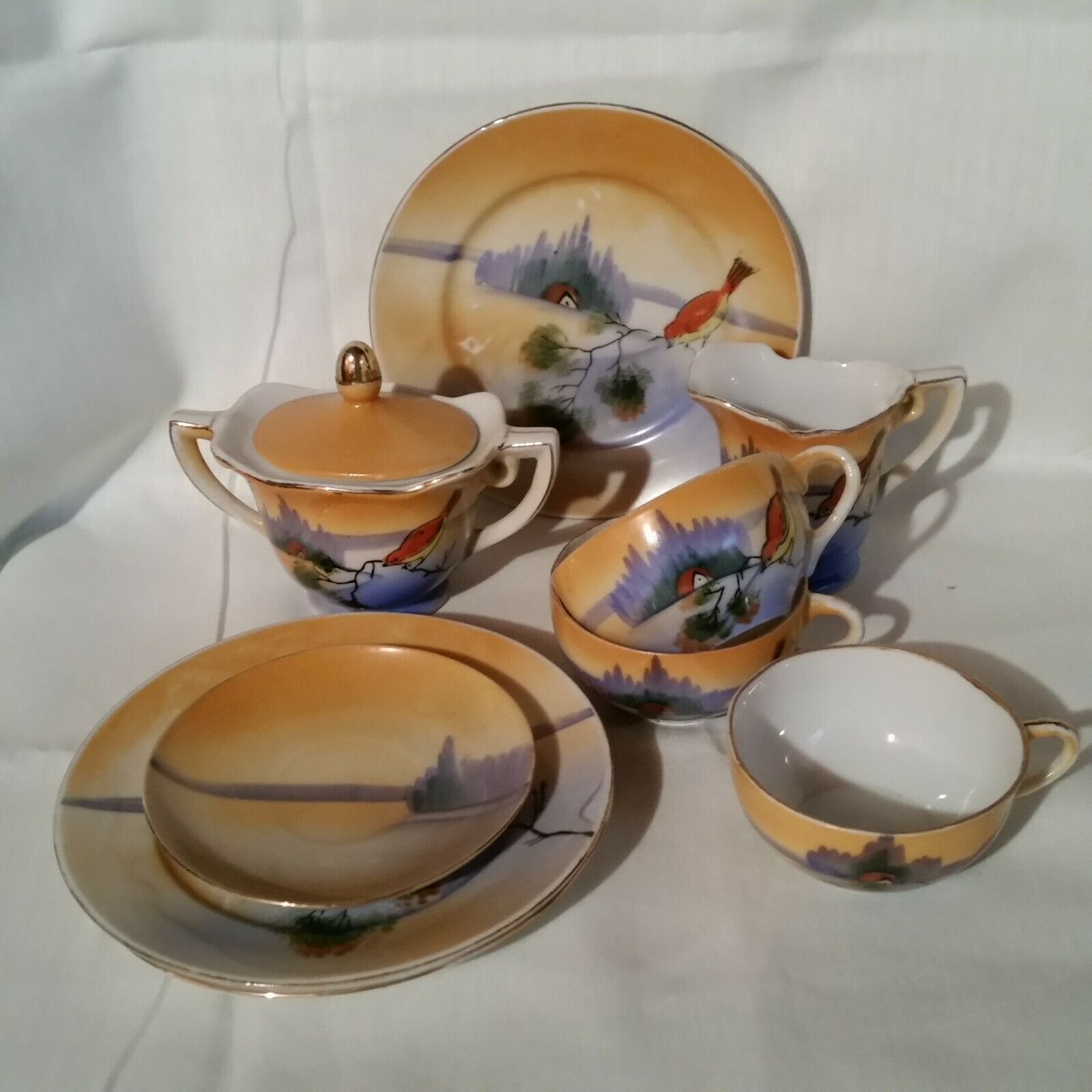 Vintage Childrens Dishes Bird On Branch By House On River Gold Trim 9 Pcs Japan
