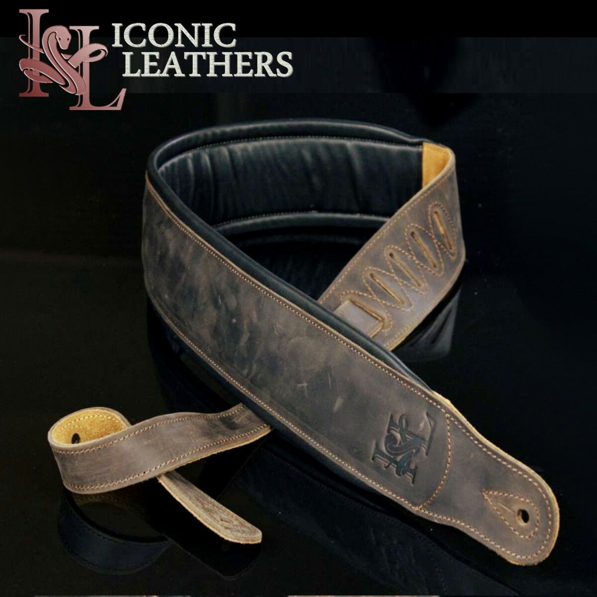 Iconic 3.25" Wide Dual Padded Leather Lightly Distressed Brown Guitar Bass Strap