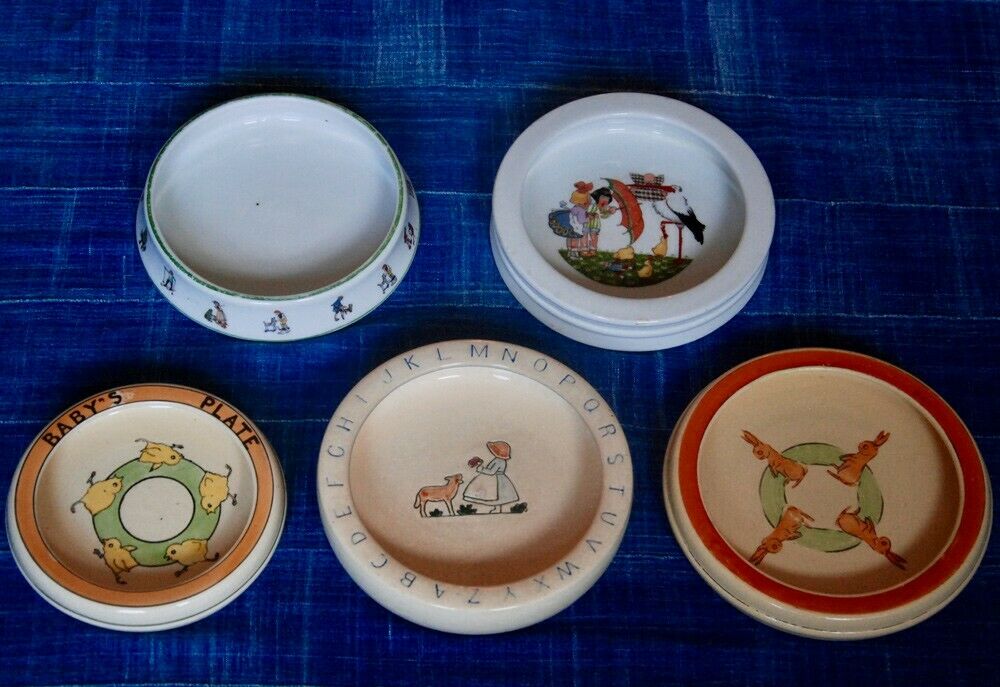 Collection Lot 5 Antique Baby Feeding Dishes Vintage Plates ~ Roseville~alphabet