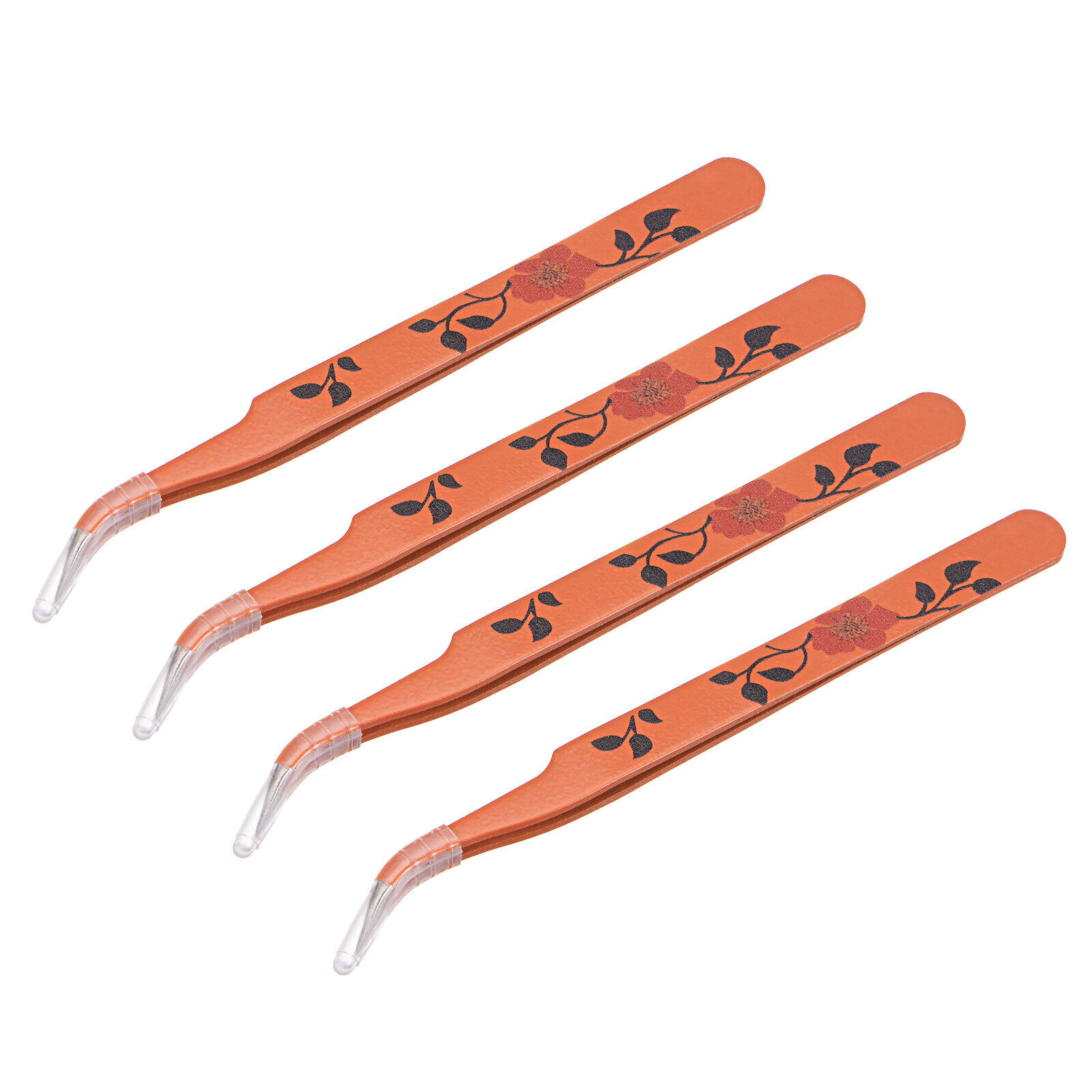 Precision Curved Tip Tweezer Stainless Steel Coral With Flower Print 4pcs