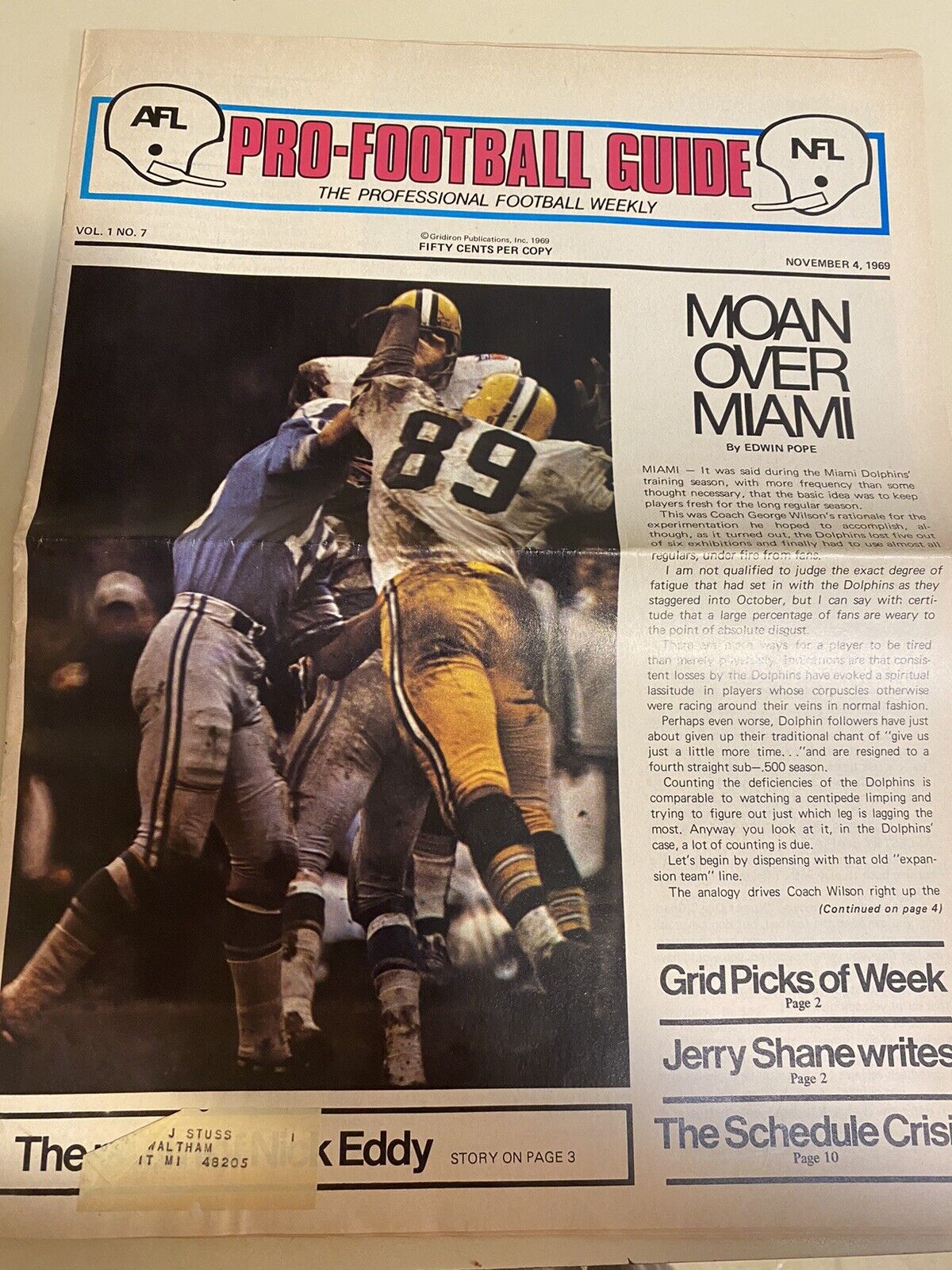 Vintage Pro Football Guide - Weekly - Nov 4, 1969 - Afl, Nfl, Packers, Lions