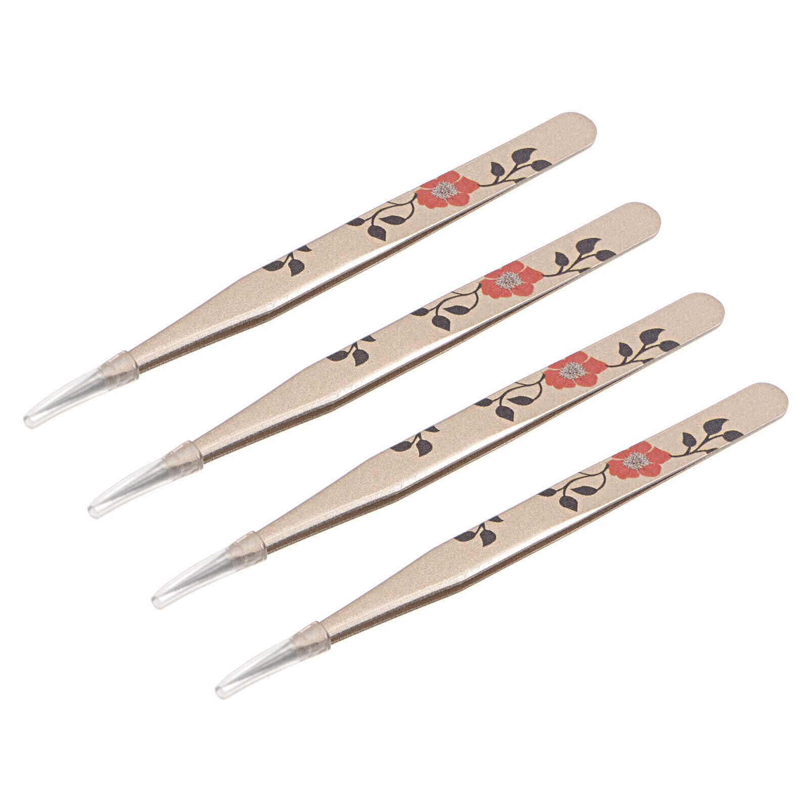 Precision Straight Tip Tweezer Stainless Steel Gold Brown with Flower Print 4Pcs