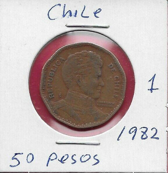 Chile 50 Pesos 1982 Xf 10 Sided Coin,wide Date,libertador B. O'higgins Bust