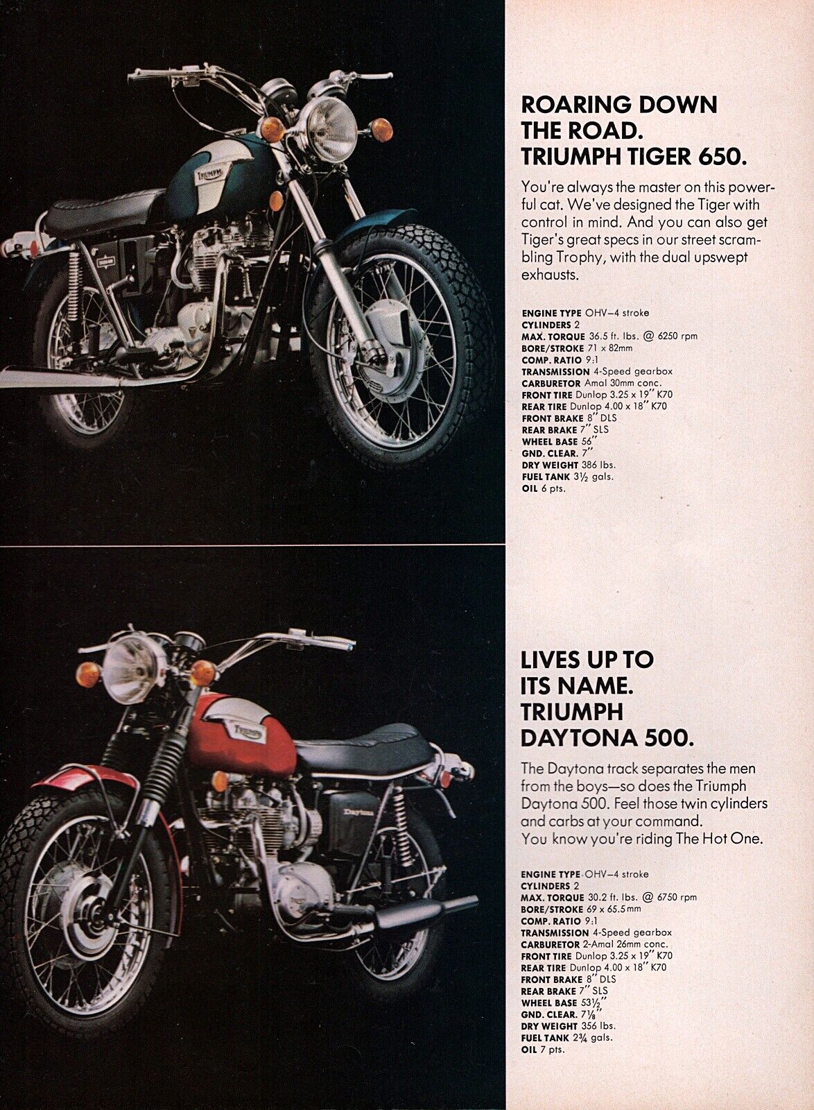 1972 Triumph Tiger 650 & Daytona 500 Motorcycle Original Color Print Ad