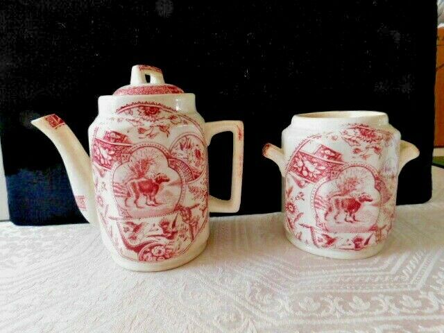 Antique Red Transferware Allerton's Teapot and Sugar Bowl Girl and Dog 1880's Rd