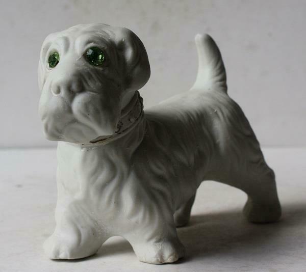 Dog Figurine Green Jeweled Eyes Bisque All White Collar Made In Japan Adorable