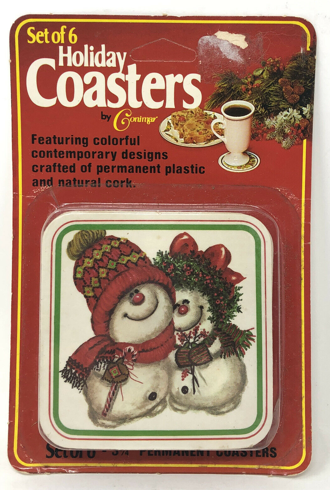 Coasters By Conimar Christmas Holiday Plastic On Cork Set Of 6 Nos Vtg Snowman
