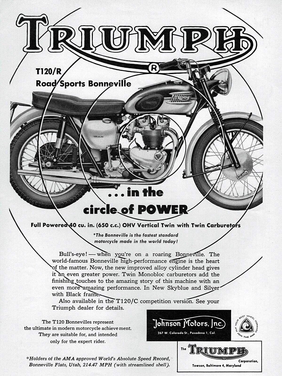 1961 Triumph Bonneville Road Sports Motorcycle  Original Print Ad