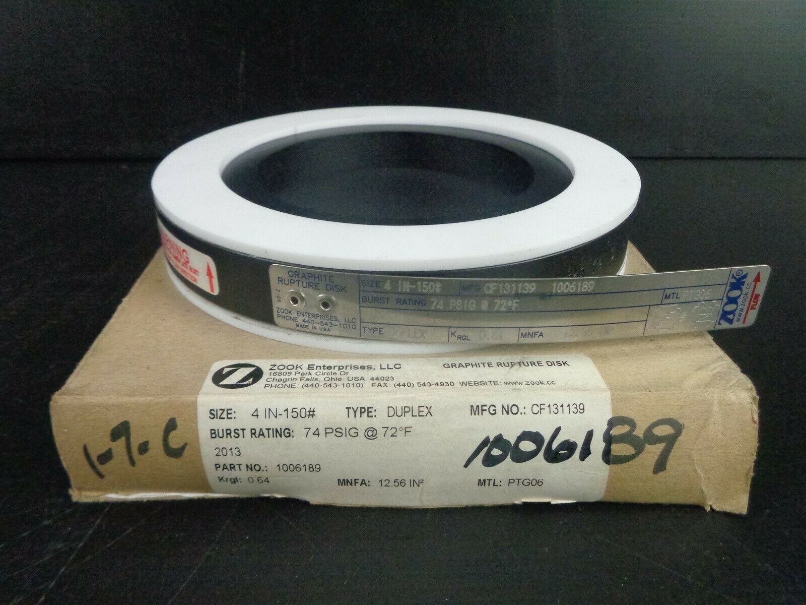Zook ~ Graphite Rupture Disc ~ 4in - 150# ~ Duplex ~ Pn: 1006189 (new In Box)