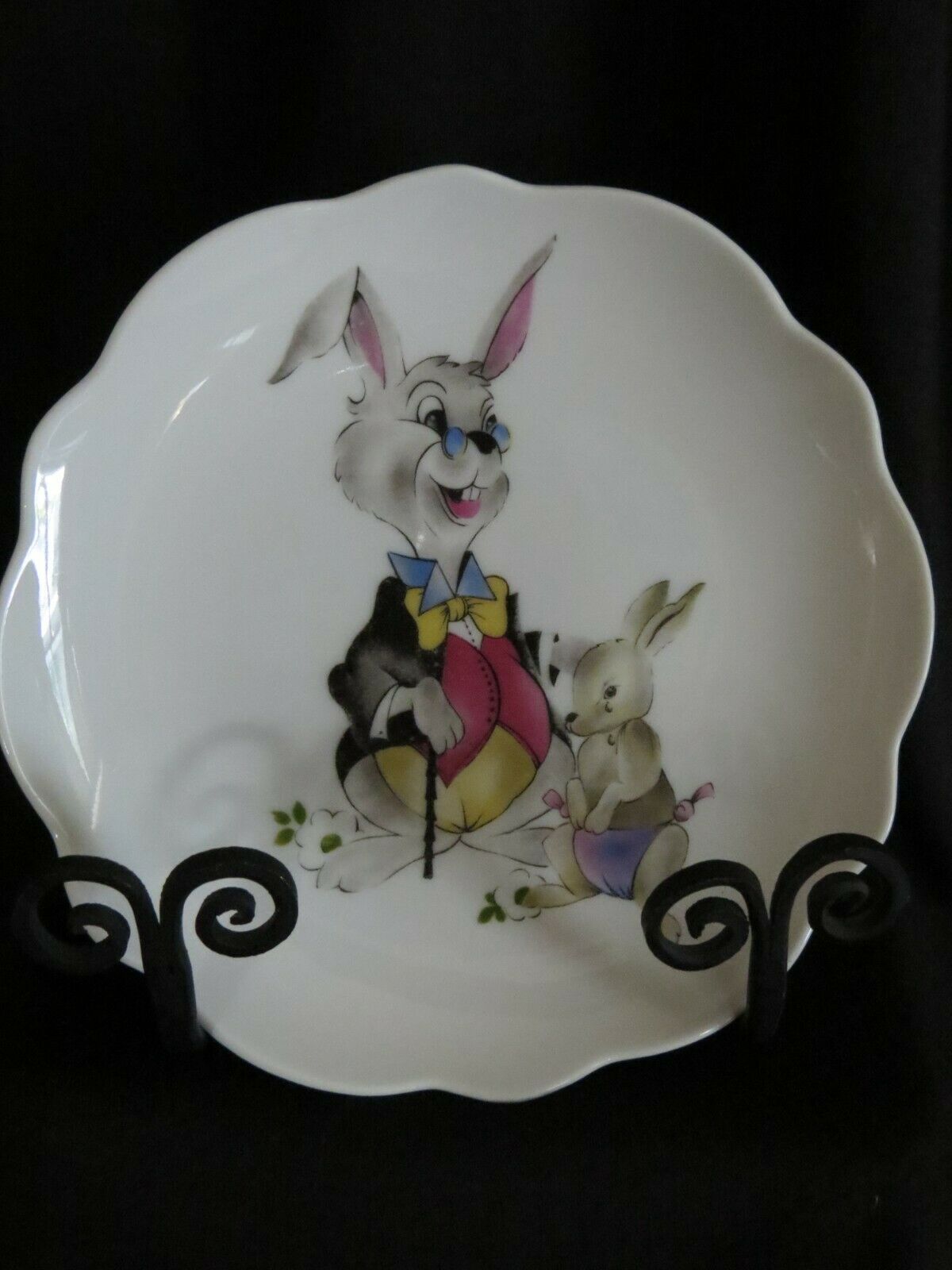 Vintage Child's Porcelain Whimsical Plate Grandpa and Baby Bunny Really Sweet