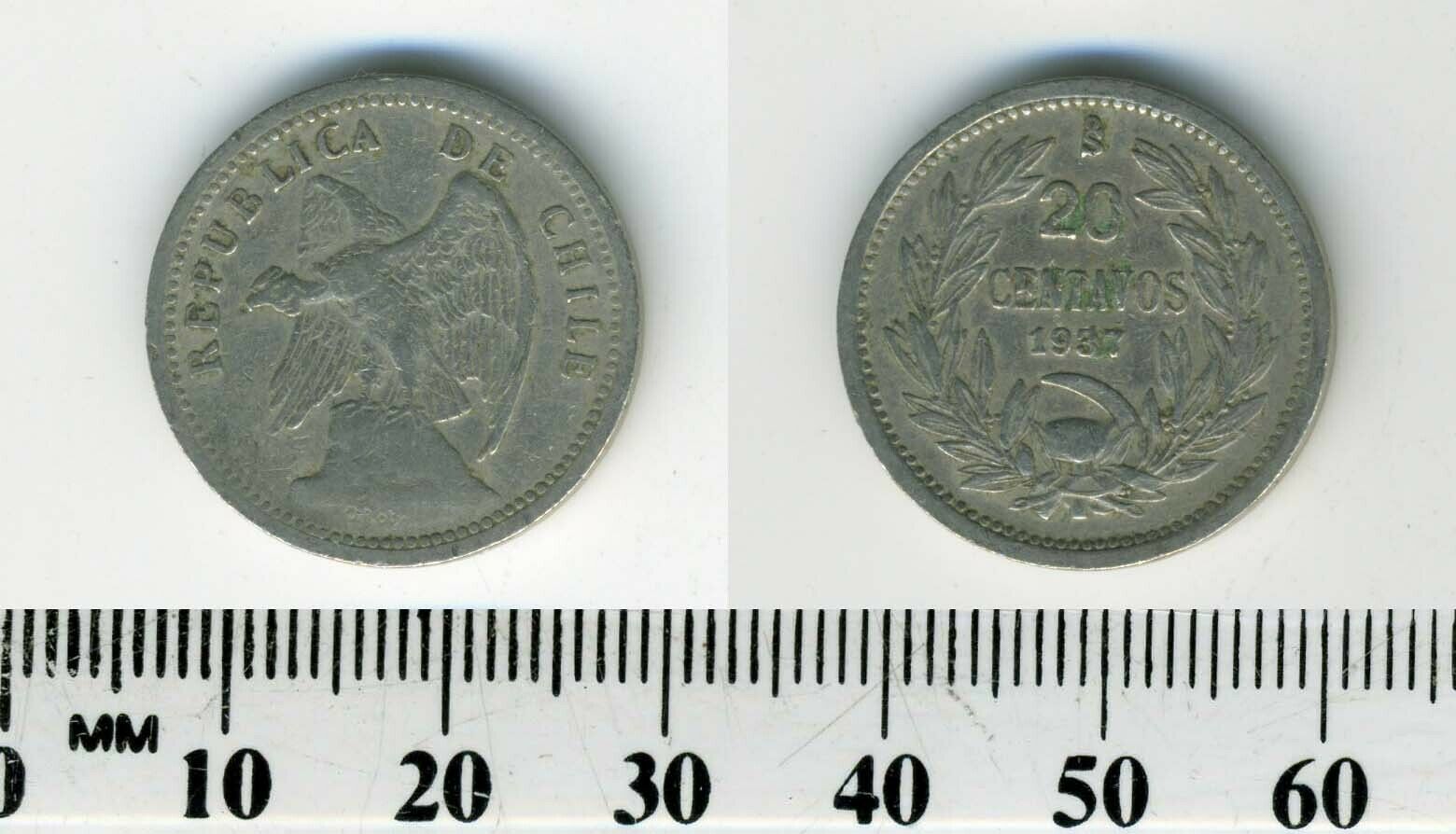 Chile 1937 - 20 Centavos Copper-Nickel Coin - Defiant Condor on rock