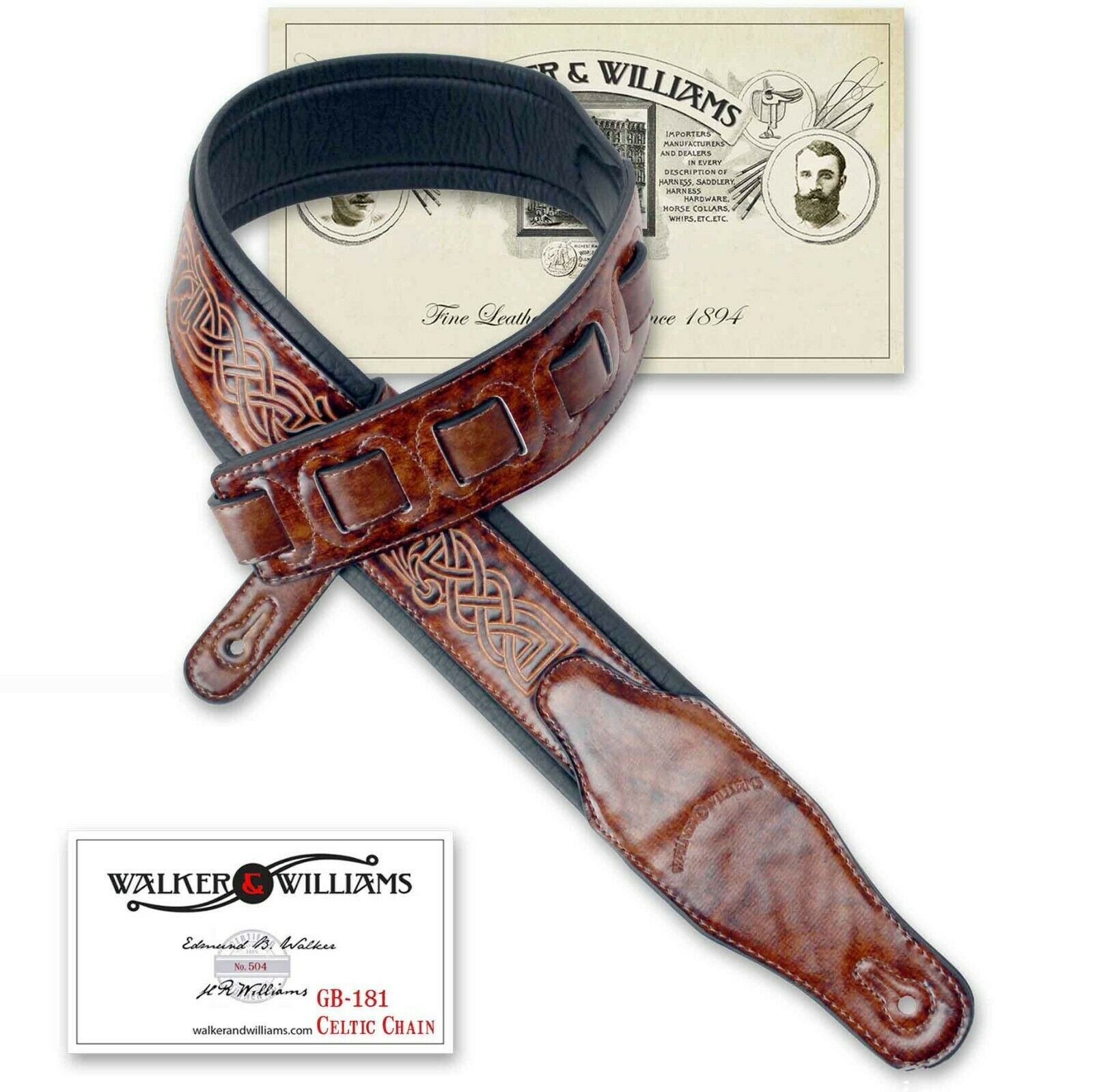 Walker & Williams Gb-181 Bourbon Brown Celtic Chain Padded Guitar Strap