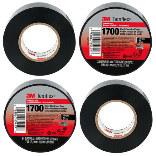 4 Rolls 3M Temflex 1700 Vinyl Black Electrical Tape 3/4″ x 60′ FT (4 pack)