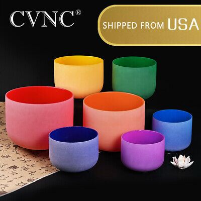 Cvnc 6"-12" 7 Pcs Colored Chakra Set Frosted Quartz Crystal Singing Bowl Mallet