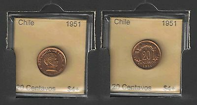 1951 CHILE 20 CENTAVOS UNCIRCULATED Cats $4+   NICE COIN !