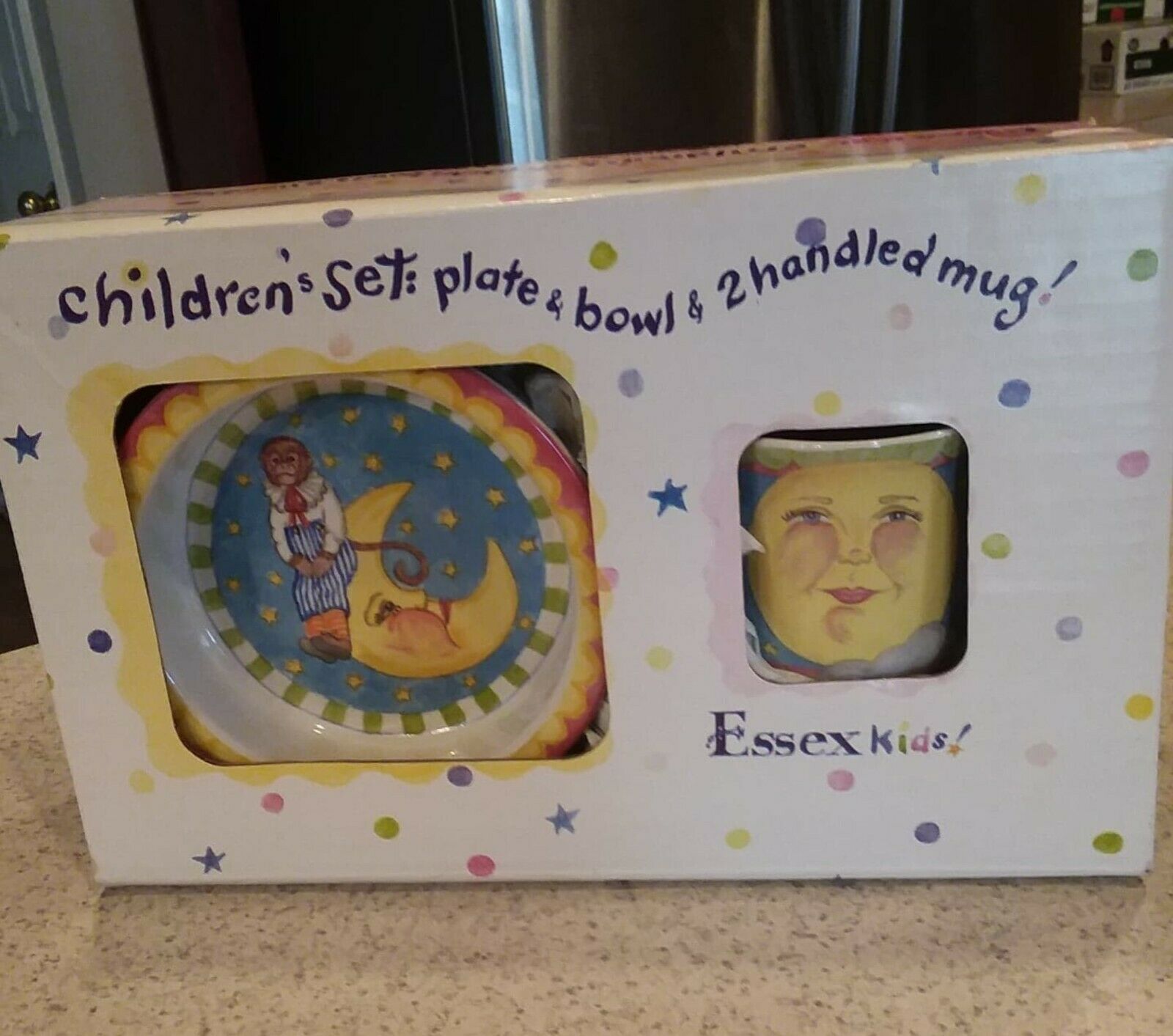 Essex Kids Children's Ceramic Plate & Bowl & 2 Handled Mug Set New
