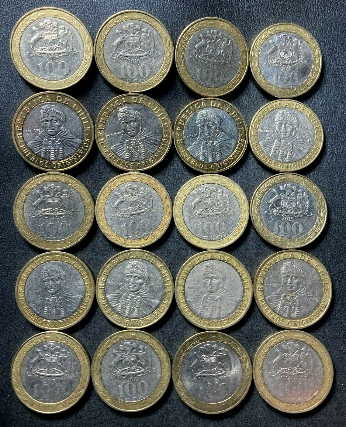 Old Chile Coin Lot - 100 PESOS - High Quality Coins - Bi-Metal - Lot #S28
