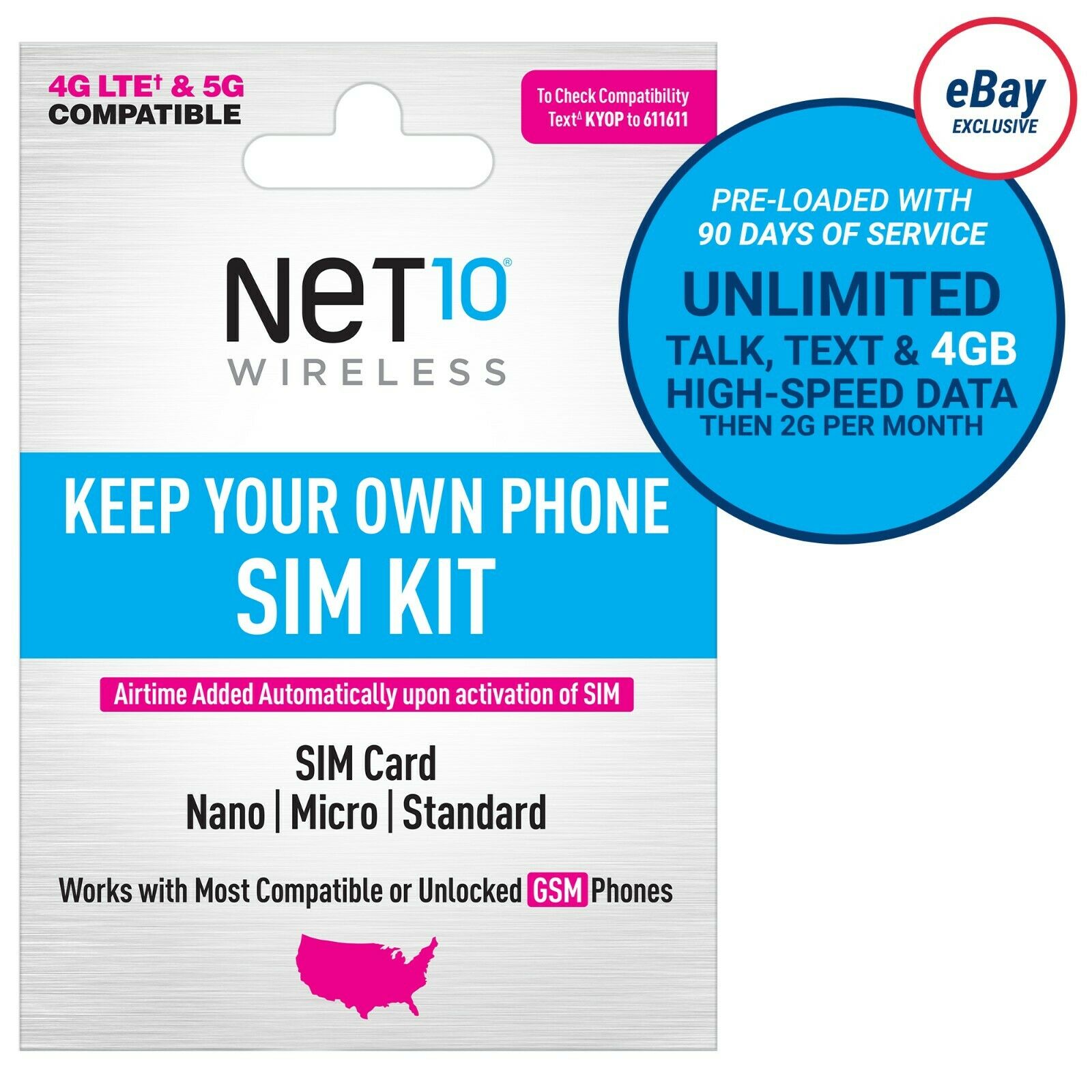 Net10 3-Month 5G/4G LTE Prepaid Plans + SIM Card Kit