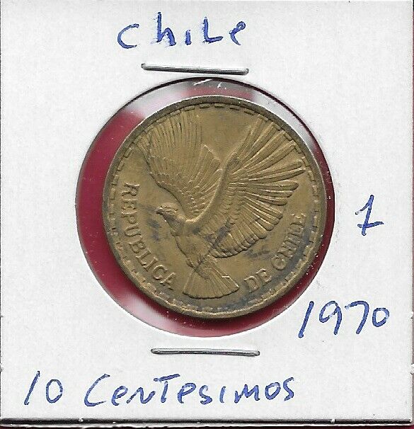 CHILE 10 CENTESIMOS 1970 VF-XF CONDOR IN FLIGHT ,DENOMINATION ABOVE DATE GRA