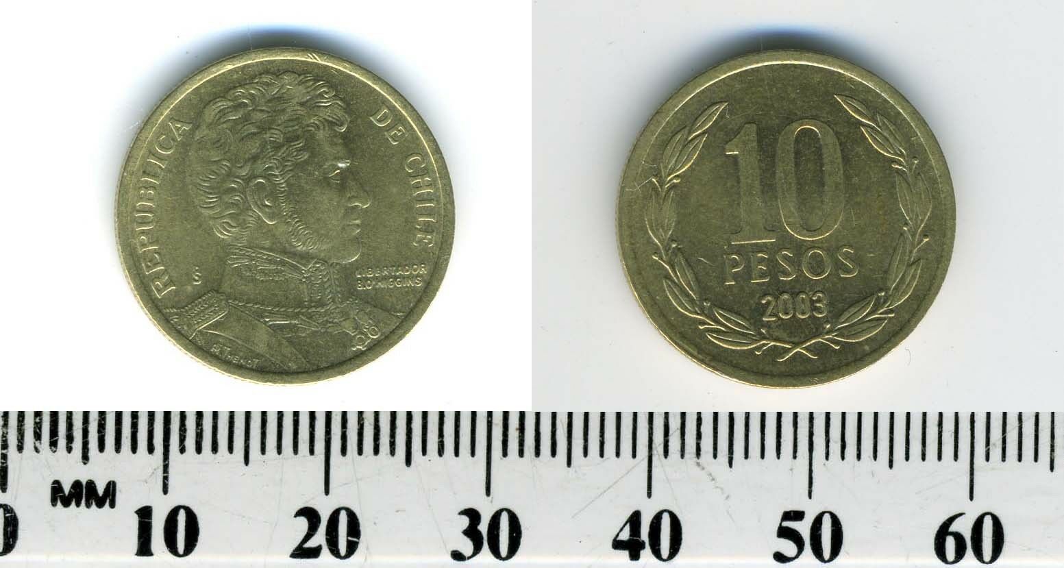 Chile 2003 - 10 Pesos Aluminum-bronze Coin - Gen. Bernardo O'higgins Bust
