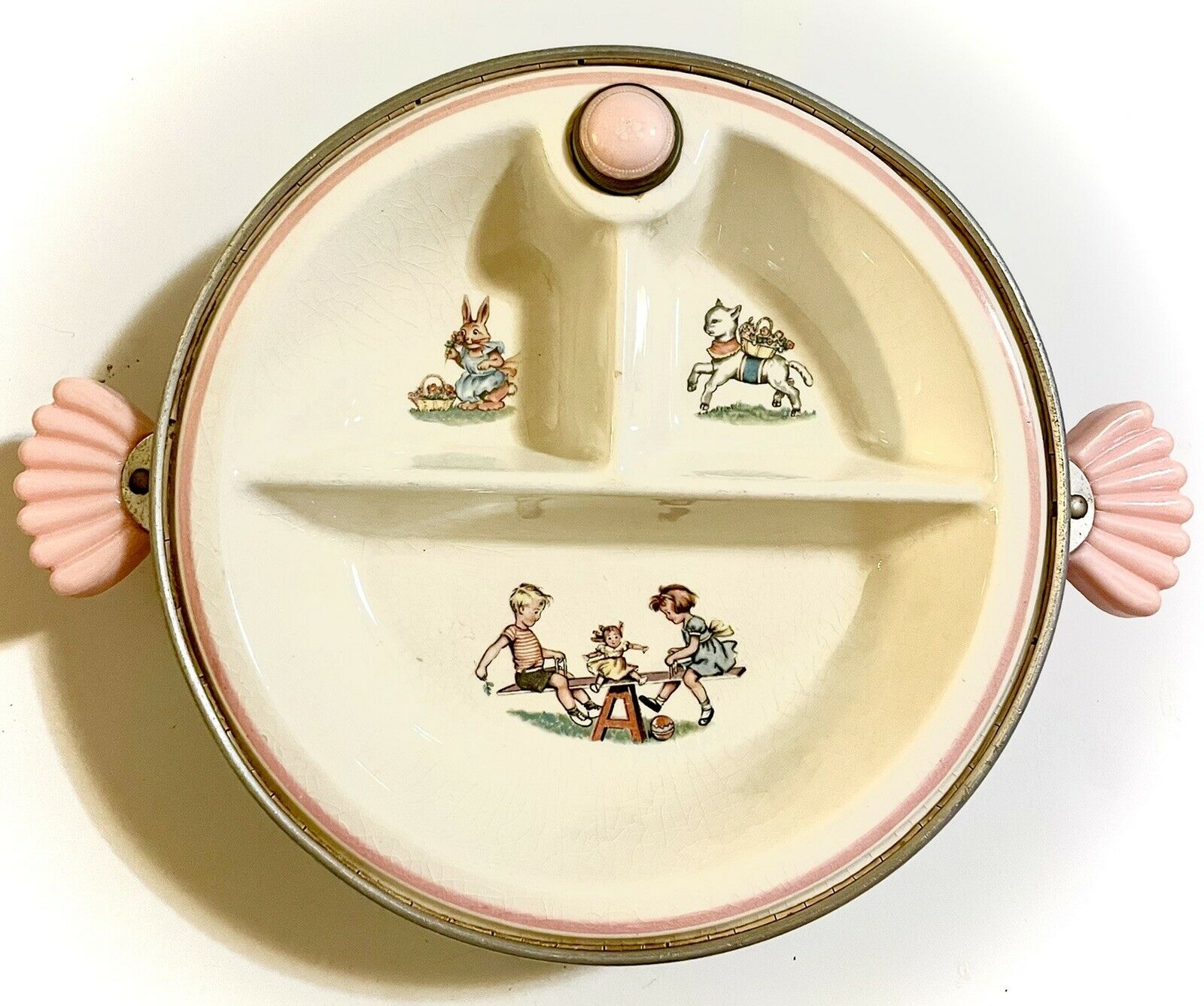 Vintage Pink Baby Divided Porcelain Dish W/ Warming Reservoir ~ Children Seesaw