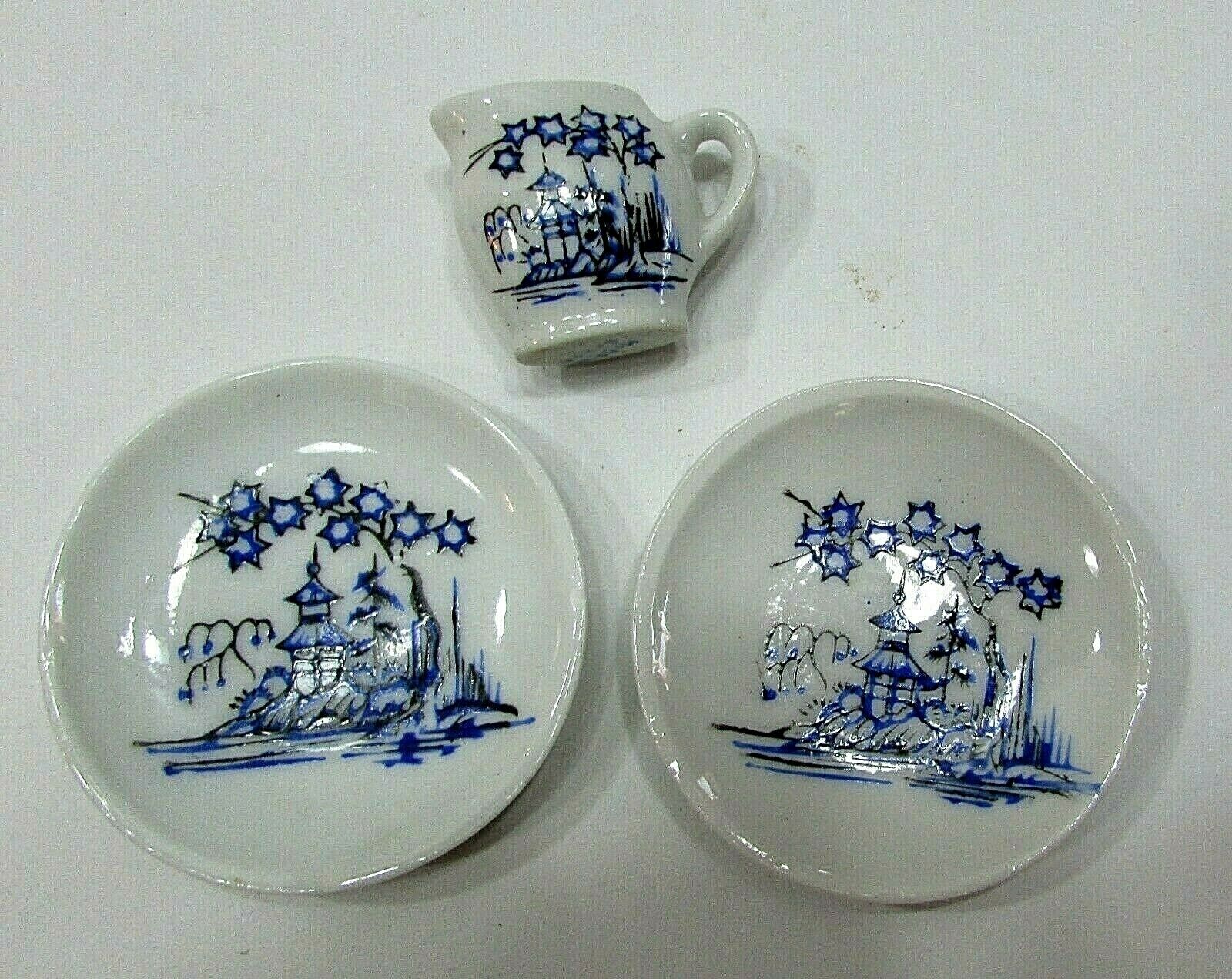 3 Vintage 1950's White Porcelain Blue Asian Doll Dishes Pitcher 2 Plates FREE SH