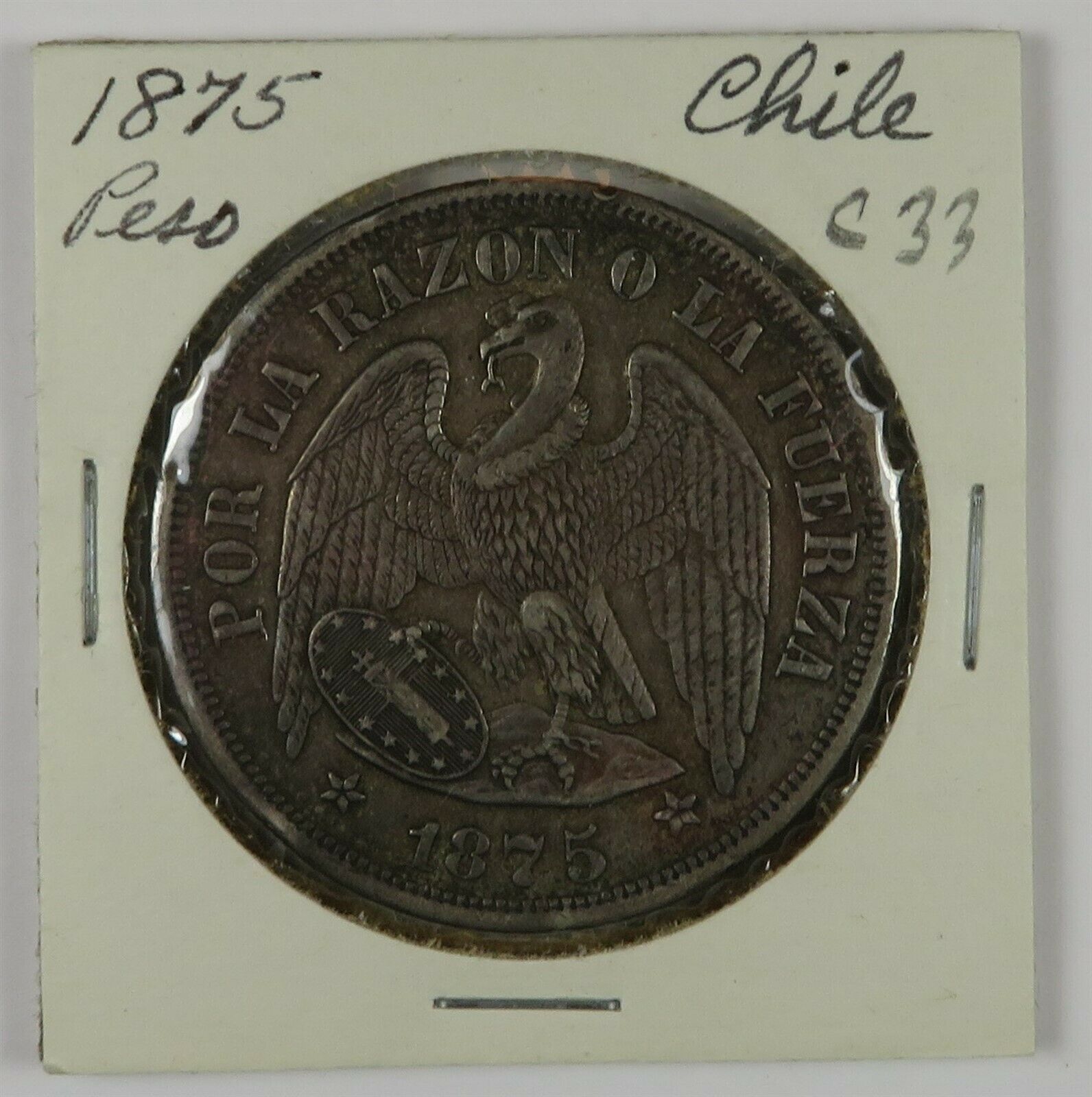 C33 Chile, AR Peso, 1875, Santiago Mint D
