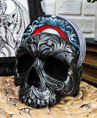 Ebros Barocco Tribal Tooled Gothic Skull Coaster Figurine Holder With 4 Coasters