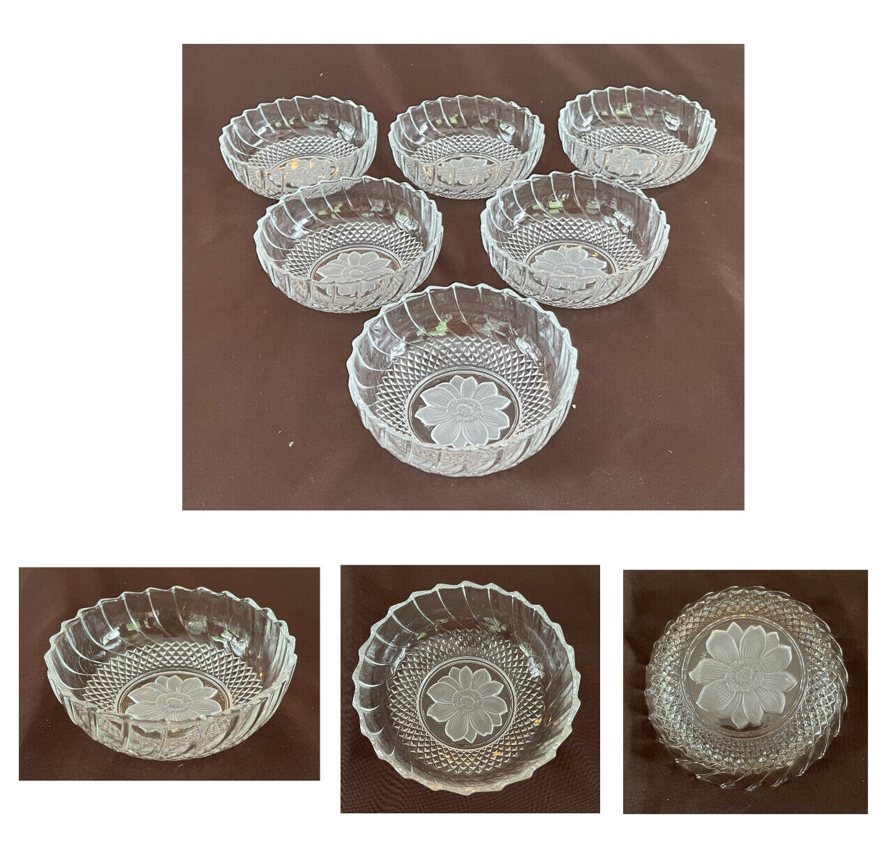 Vintage Kig Glass Bowls 5" X 2" Sunflower Clear Scalloped 6-piece Set Indonesia