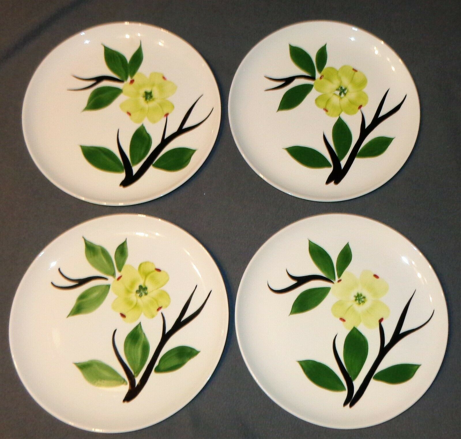 4 Vtg Joni Hand Painted Dixie Dogwood Flower Dinner 9 1/2" Plates Yellow Green
