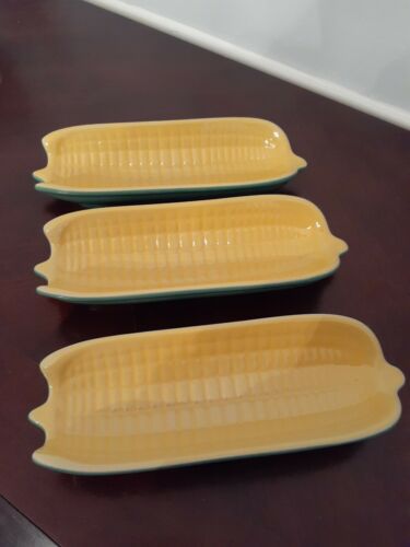 Set of 3 LE CREUSET Corn on the Cob Serving Dishes Fennel Green Dijon Stoneware