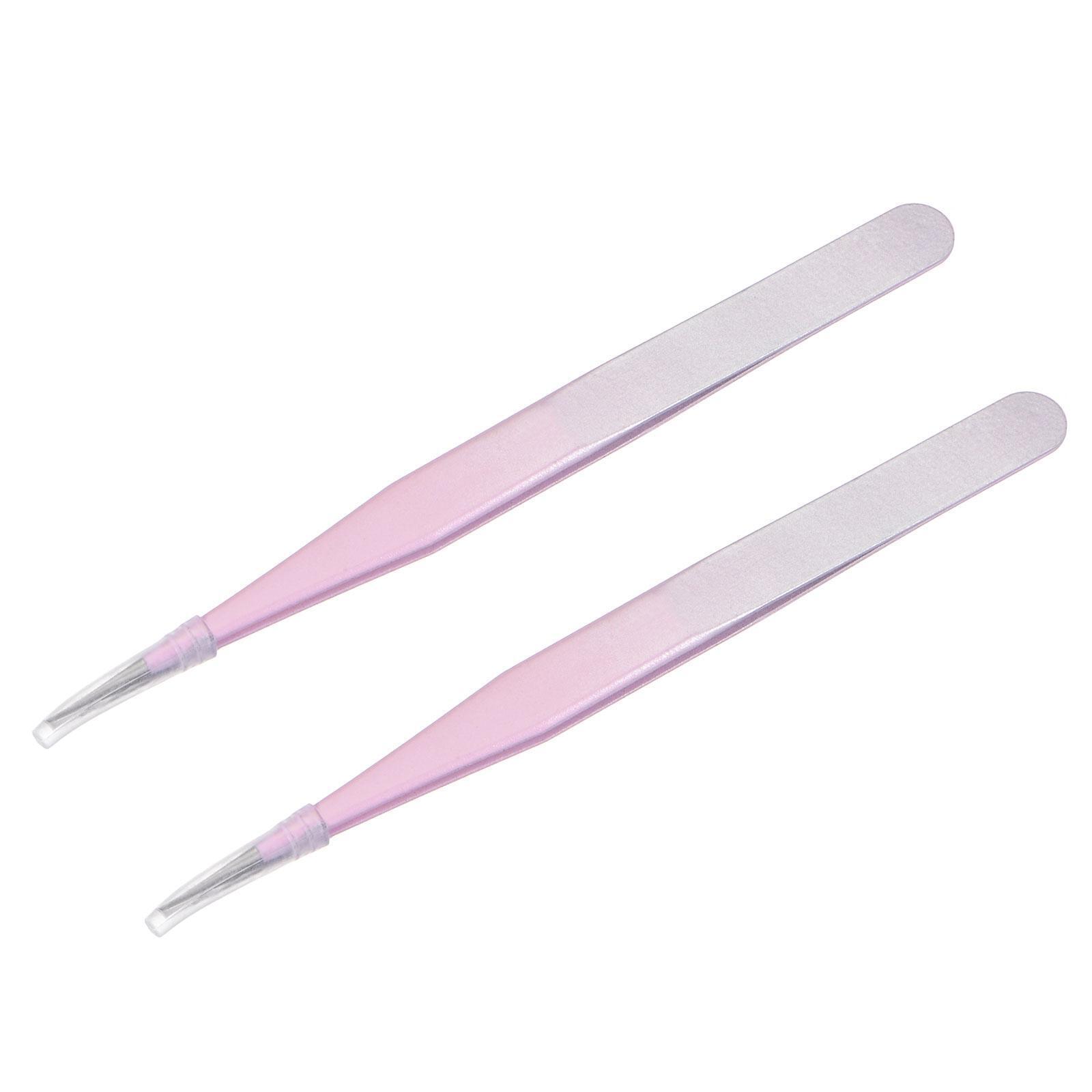 Precision Straight Tip Tweezer Stainless Steel Pink Silver Tone 2Pcs