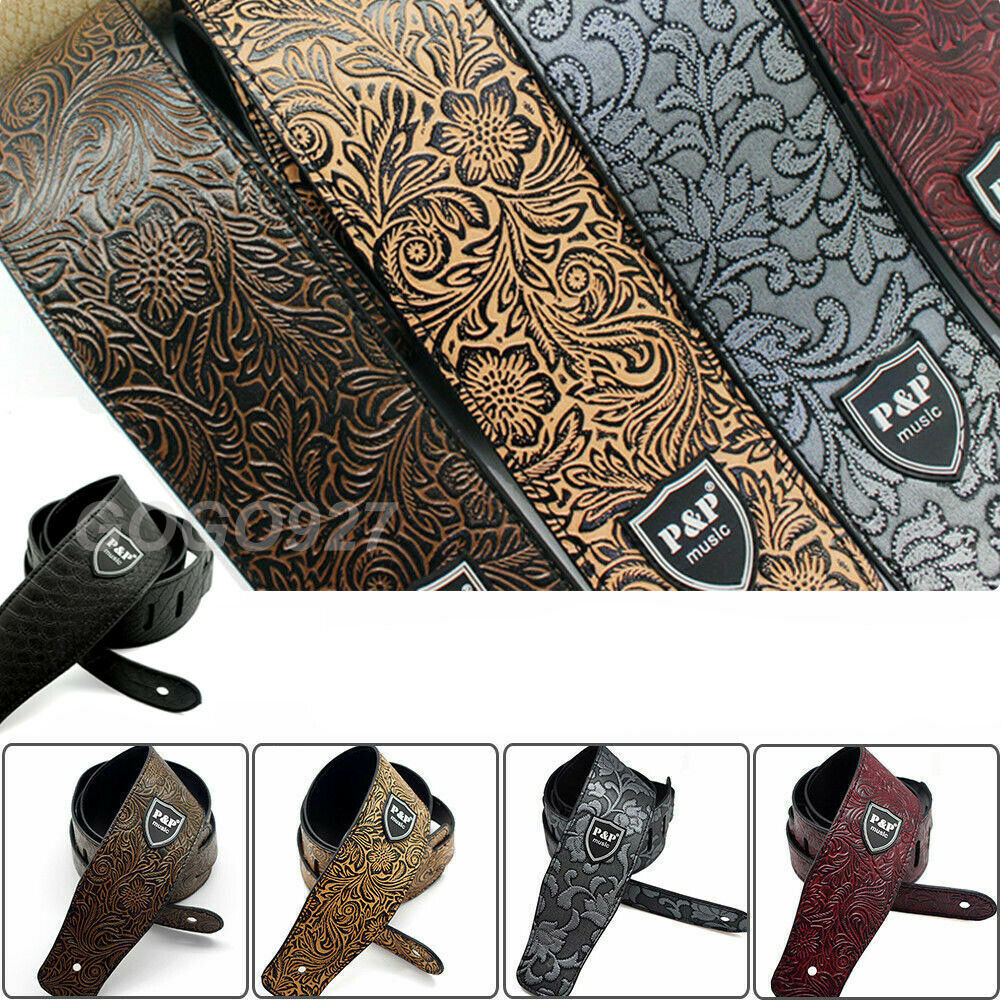 Adjustable Leather Guitar Strap Embossed For Acoustic Electric Guitar Strap