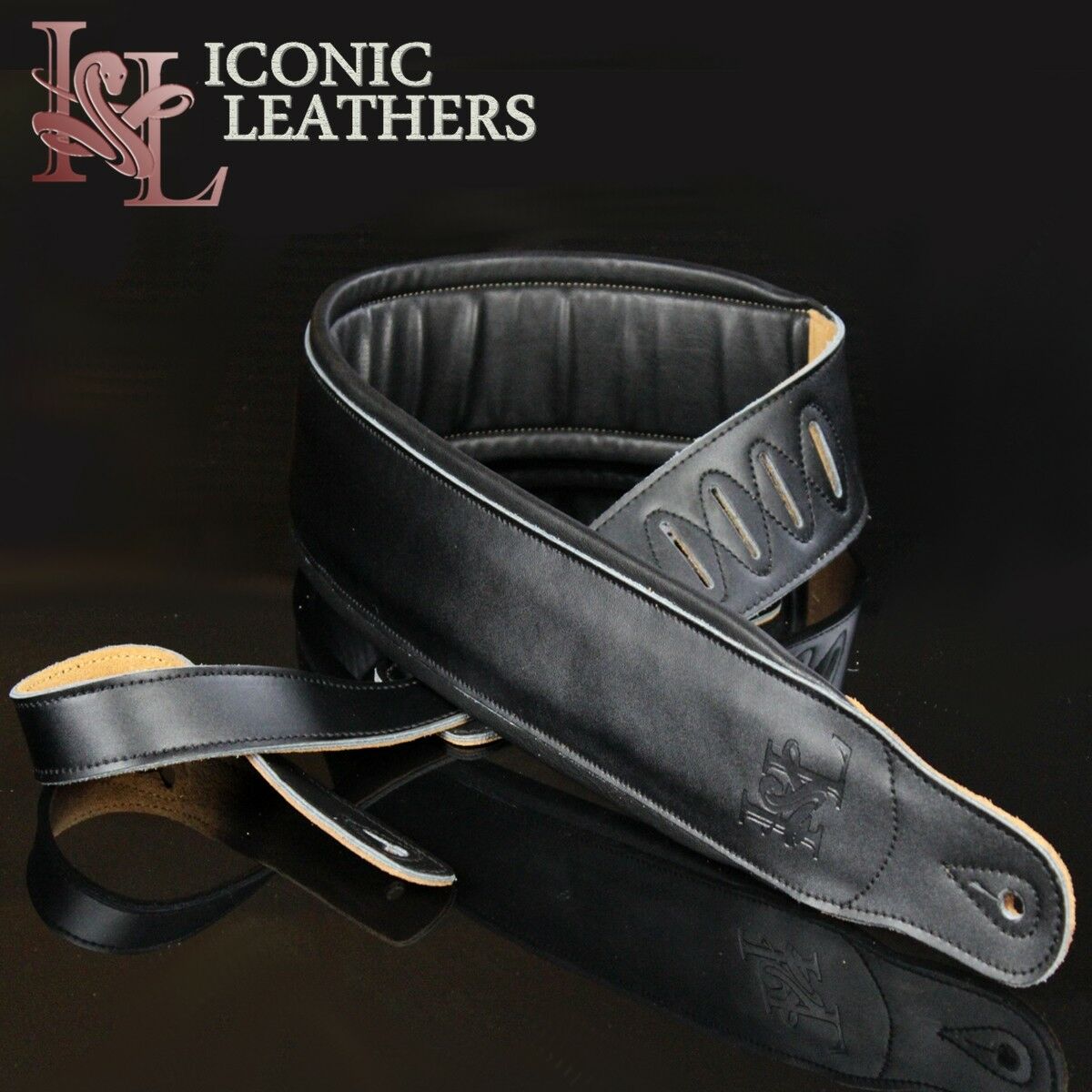 Iconic 3.25" Extra Wide Dual Padded Leather Black Guitar Bass Strap Il-5blk
