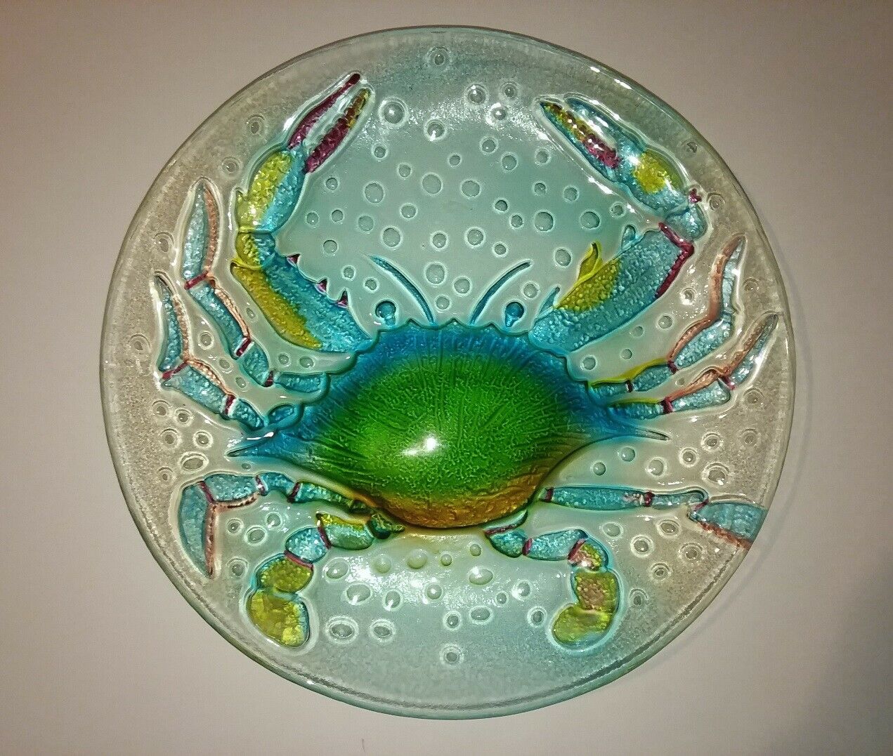 Multicolor Blue Crab Fused Glass 12" Round Platter -nautical,ocean,beach,coastal
