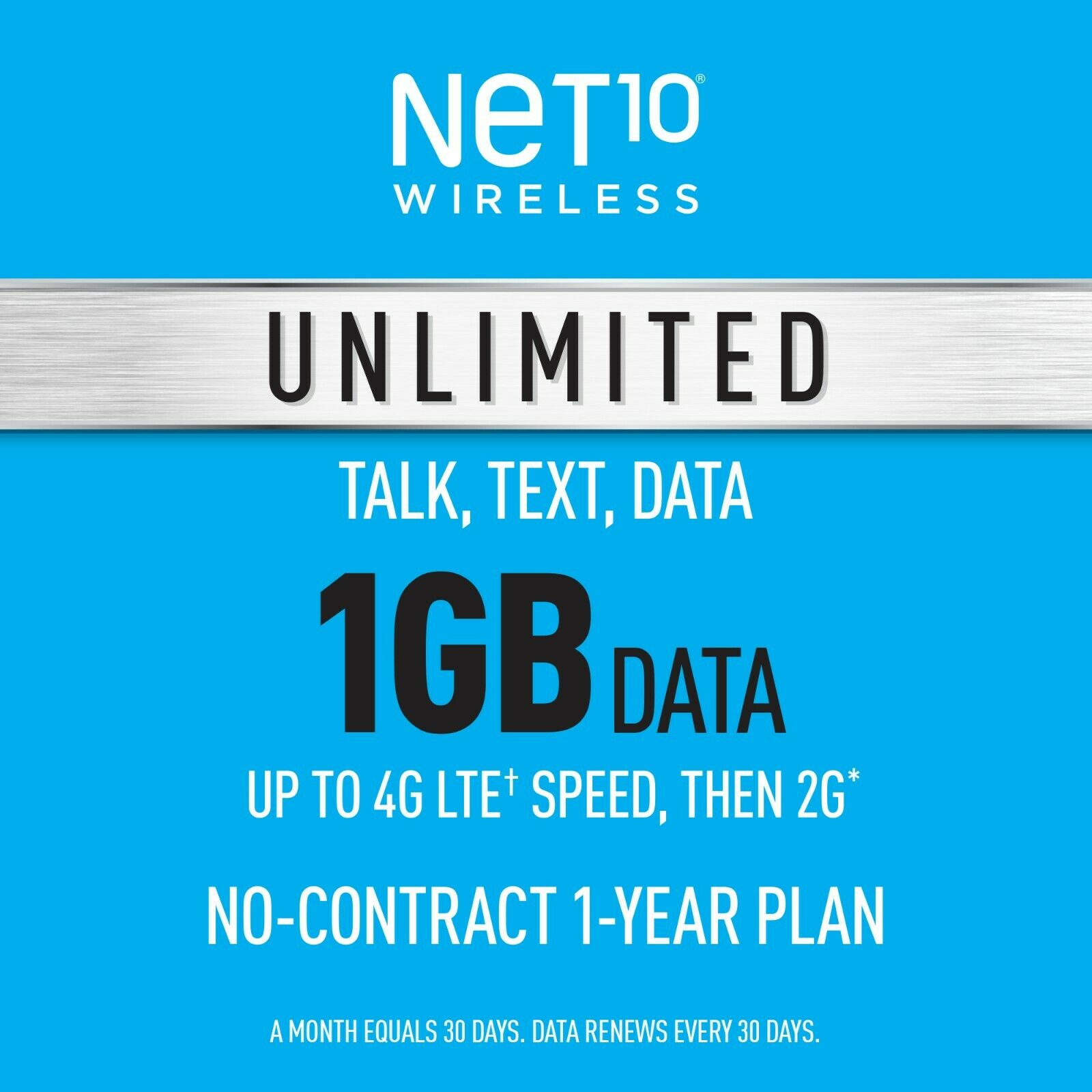 Net10 Prepaid Wireless Phone Plan + Sim - Unlimited Talk & Text 1gb Per Month